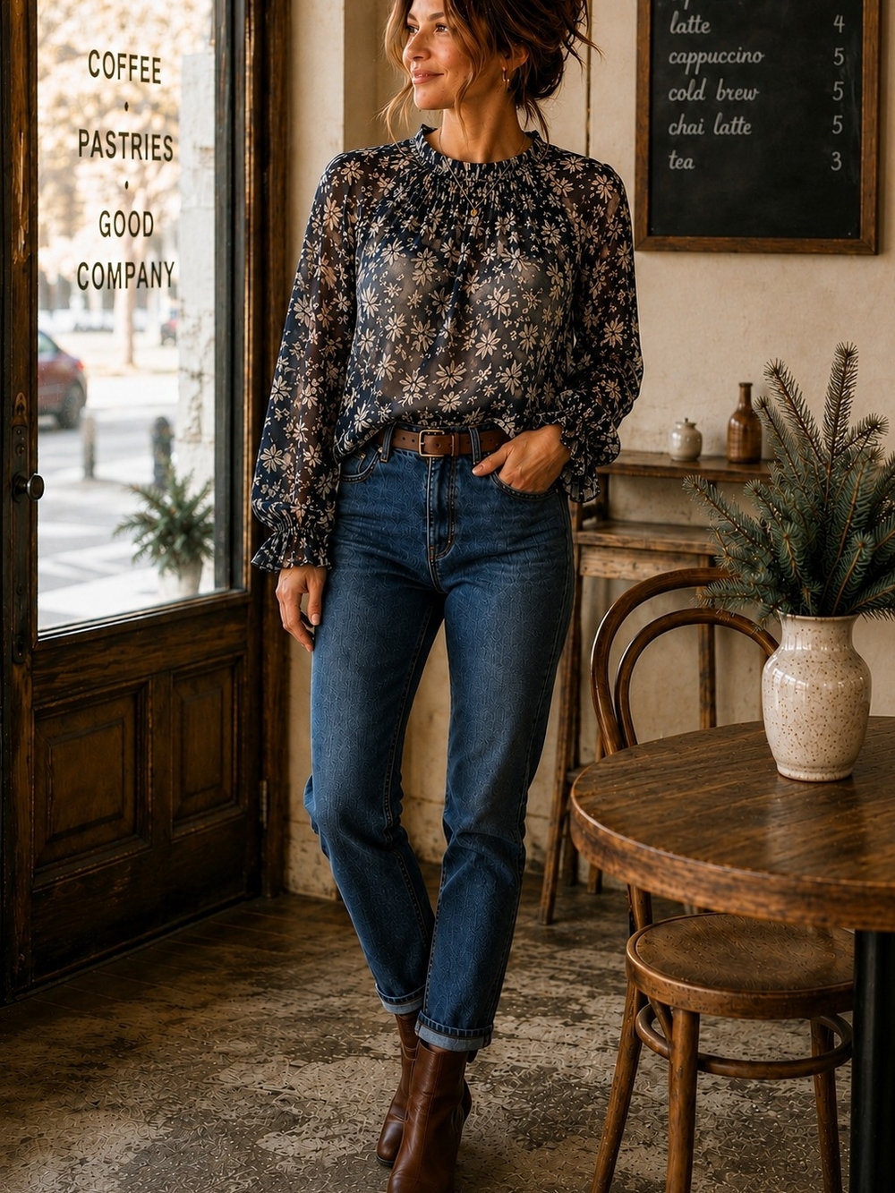 Lucky Brand Women's Floral Sheer Blouse - Size Large - Navy & Cream Boho